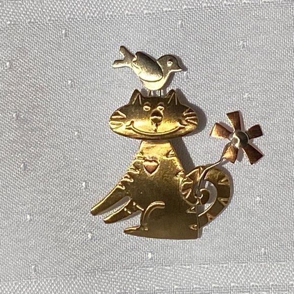 Cat Bird Figure Tri-tone Artisan Brooch Pin - Picture 2 of 16